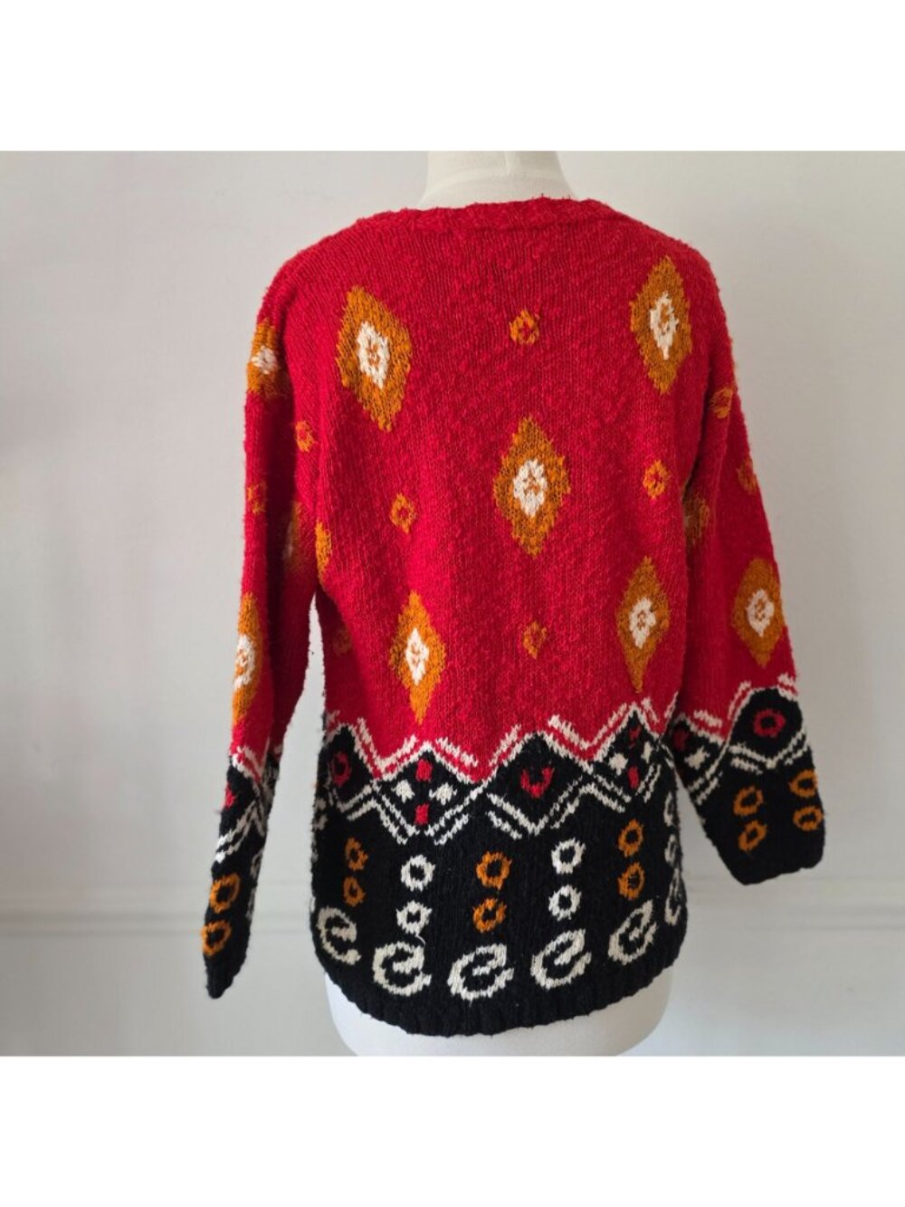 Carole Little Hand Knit Ethnic Geometric Sweater Red Black Orange S - Picture 3 of 6